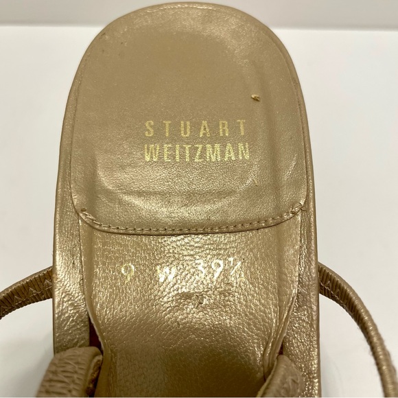 Stuart Weitzman Mid-Heel Square Toe Gold Heels With Elastic Straps Size 9 - Picture 8 of 12
